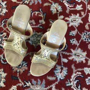 Coleen Cordero Platform Heels Gold Leather Upper with Rhinestones, Wood Heel